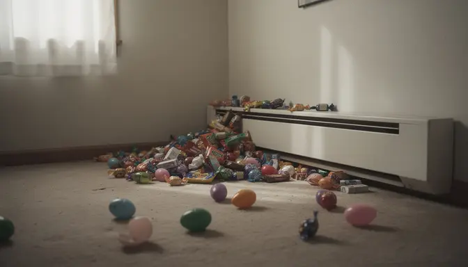 Halloween candy stash discovered behind a baseboard heater surrounded by scattered Easter eggs