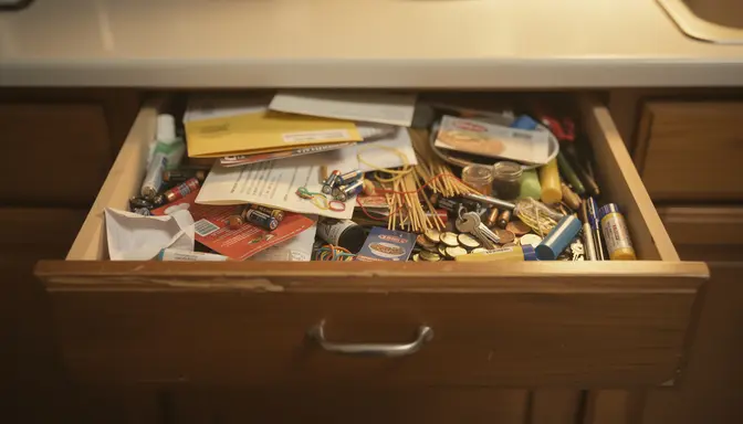Open kitchen junk drawer overflowing with envelopes, batteries, and miscellaneous household clutter