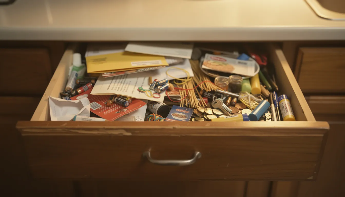 Open kitchen junk drawer overflowing with envelopes, batteries, and miscellaneous household clutter