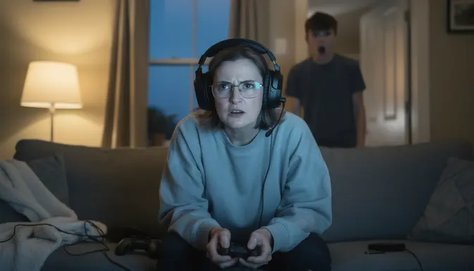 Mother with gaming headset leaning forward intensely on a couch, teenage son standing behind with mouth agape in disbelief