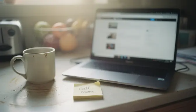 Kitchen counter with sticky note and open laptop in soft morning light
