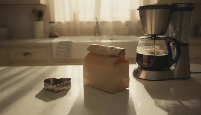 Empty morning kitchen with a packed brown bag lunch on the counter beside a small heart-shaped cookie cutter