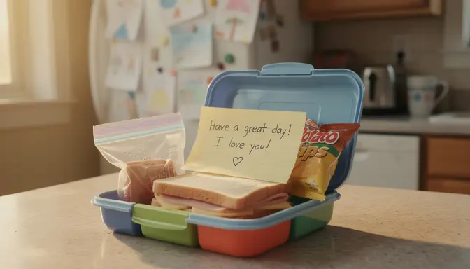 Handwritten encouragement note tucked inside an open child's lunchbox on a kitchen counter