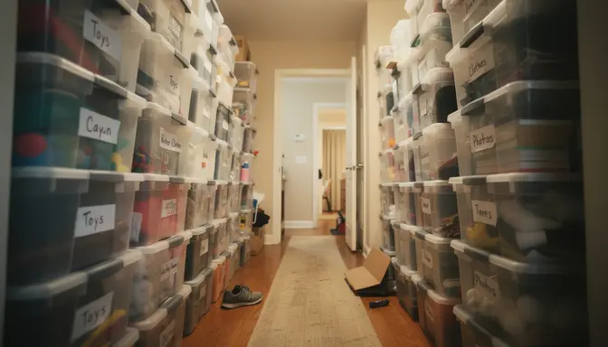 A hallway packed floor to ceiling with labeled storage bins, barely a path to walk through