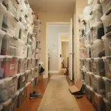 A hallway packed floor to ceiling with labeled storage bins, barely a path to walk through
