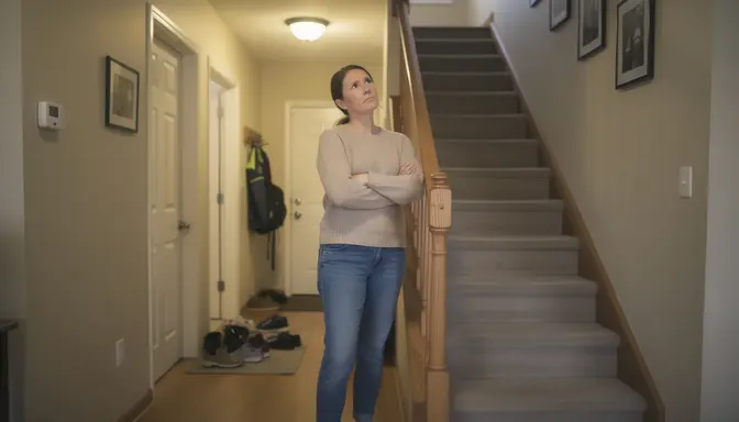 Mother standing at the bottom of a staircase with arms crossed, looking up the stairs with stern patience