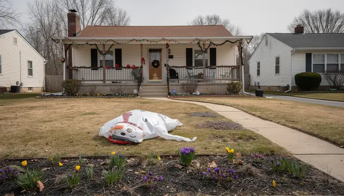 Suburban house with Christmas lights and deflated snowman still on the lawn, spring crocuses emerging in the flower beds