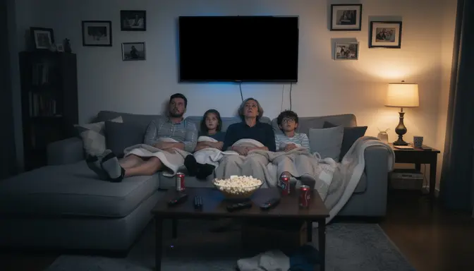 Family of four on a sectional couch staring at a black television screen, untouched popcorn on the coffee table