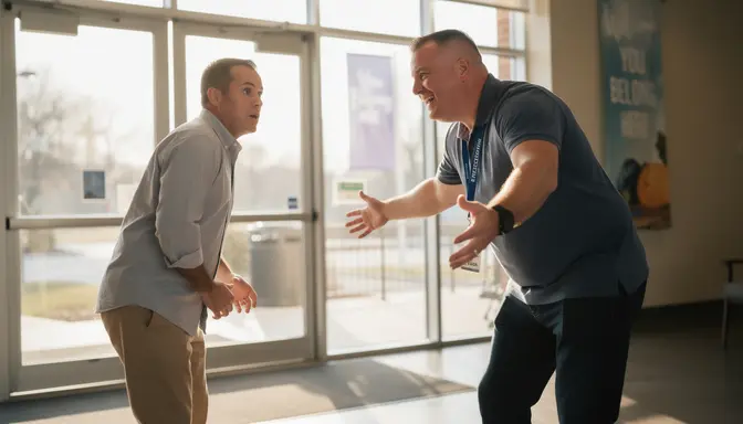 Large enthusiastic church greeter in a polo shirt vigorously greeting a startled smaller man in a bright lobby