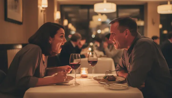 Couple leaning forward in animated conversation at a candlelit restaurant table, wine glasses and half-eaten entrees between them
