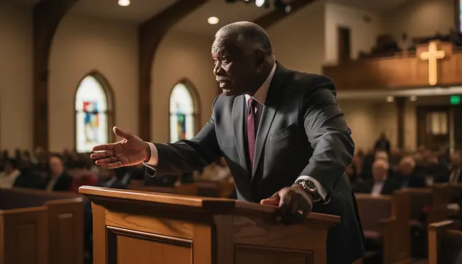 Distinguished pastor leaning forward at a wooden church pulpit with one hand extended and a knowing expression