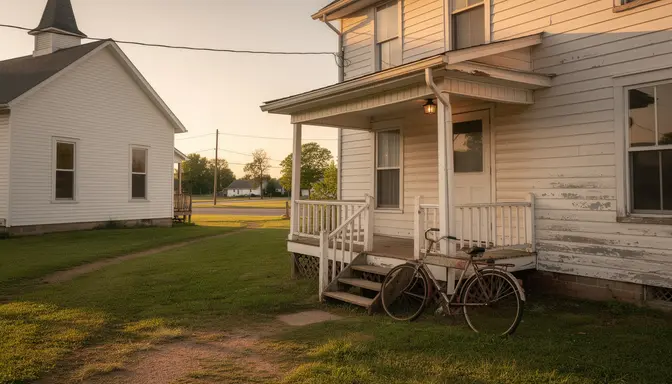 Modest white parsonage house next to a church building, worn path connecting them, bicycle against the porch railing