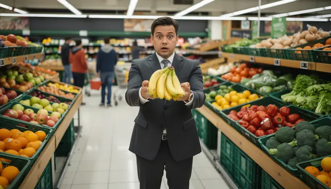Man in a dark suit standing bewildered in a grocery produce section, awkwardly holding bananas at arm's length