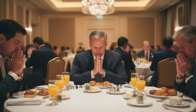 Politician in a dark suit bowing head in prayer at a formal hotel ballroom breakfast table with orange juice and pastries