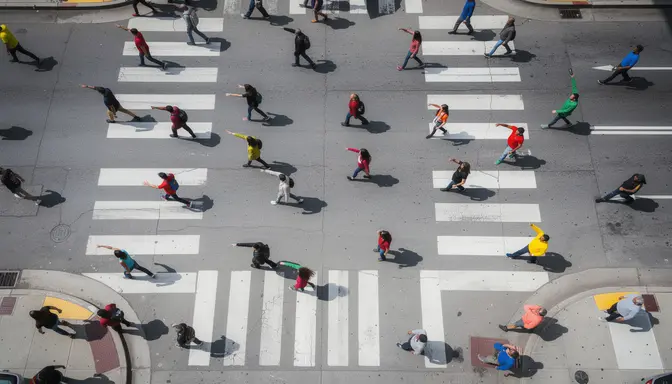 Busy urban crosswalk seen from above with pedestrians walking in every direction, some pointing left, some right