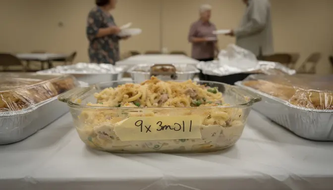 Weathered Pyrex casserole dish with masking tape label sitting among potluck dishes on a church fellowship table