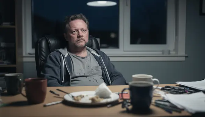 Man at a home office desk with a thousand-yard stare, empty coffee mugs around him, window showing day turned to night