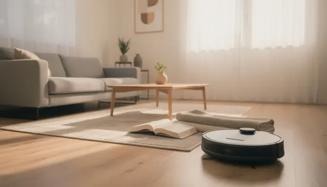 Robot vacuum stopped near a cozy reading corner with an open book on a rug in warm light