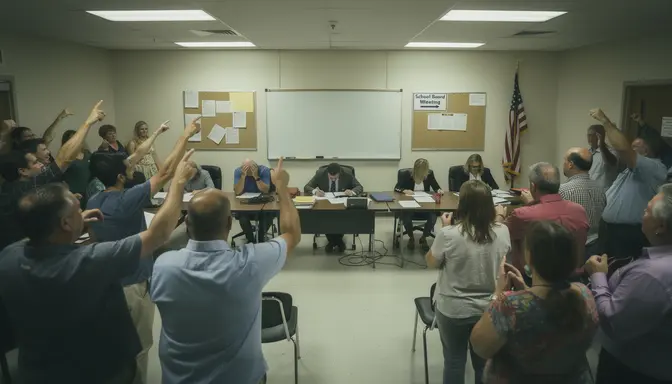 Chaotic school board meeting with community members on their feet gesturing, overwhelmed board members behind a long table