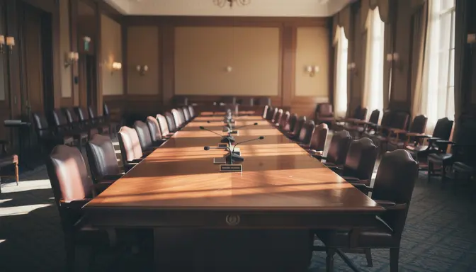 Empty Senate hearing room with long table, vacant chairs, and afternoon light through tall windows