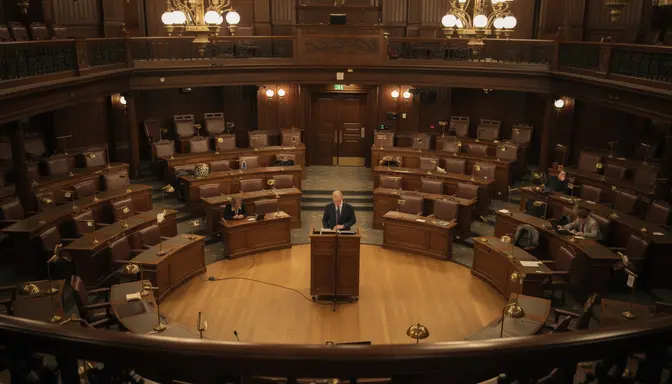 Lone figure speaking at a podium in a nearly empty ornate legislative chamber, only a few colleagues slumped in seats