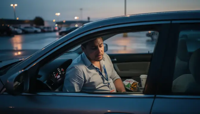 Exhausted man slumped in a parked car at dusk, eyes half-closed, fast food bag on the passenger seat, lanyard around neck