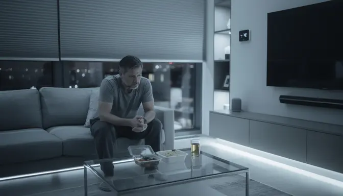 Man slouched alone on a couch in a dim smart home, blue ambient light strips glowing, half-eaten meal on coffee table