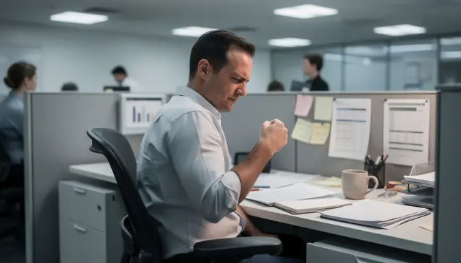 Annoyed office worker at a cubicle desk glaring down at his wristwatch, fluorescent lights overhead, coffee mug nearby