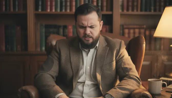 Bearded man in a tweed jacket sitting in a leather armchair surrounded by bookshelves, looking deeply confused
