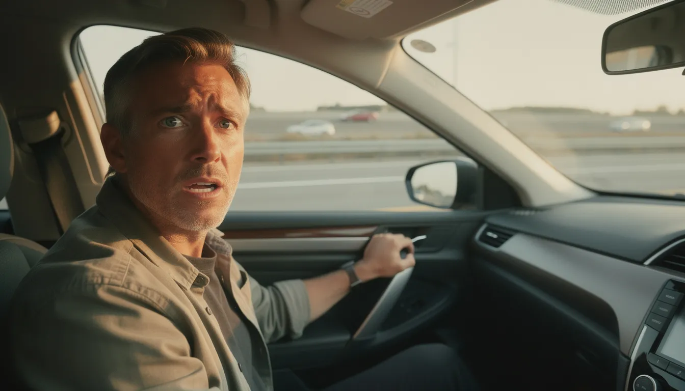 Anxious middle-aged man gripping car door handle while staring at highway through windshield