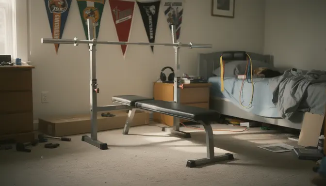 Weight bench assembled in teenager's still-decorated childhood bedroom with sports pennants on wall