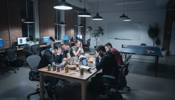 Worn-out startup employees huddled around a communal table at night, empty La Croix cans and takeout containers scattered