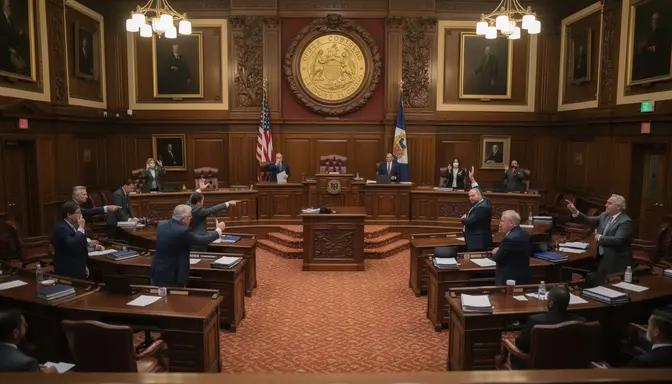 State legislators standing at desks gesturing and pointing at one another in heated debate in an ornate chamber