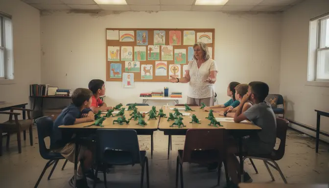 Church Sunday school classroom with woman gesturing at toy frogs scattered across a children's table