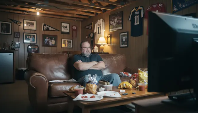 Middle-aged man with arms crossed frowning on a leather couch in a basement man cave, TV flickering on his face