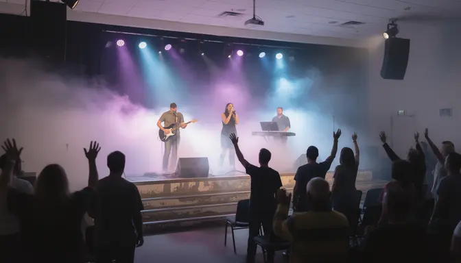 Small church worship service engulfed in thick fog machine haze with purple and blue LED stage lights