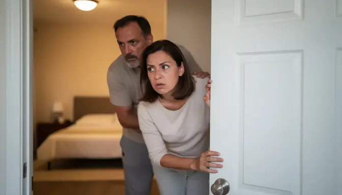 Two suspicious parents peering cautiously around a doorframe with narrowed eyes, clean bedroom barely visible through the gap