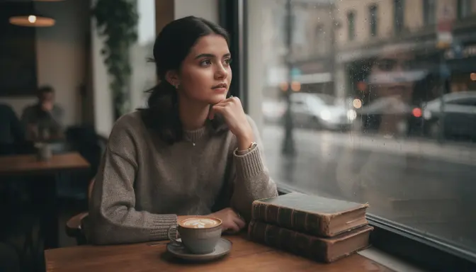 Young woman gazing pensively out a rain-streaked coffee shop window, latte and stack of leather-bound books on the table