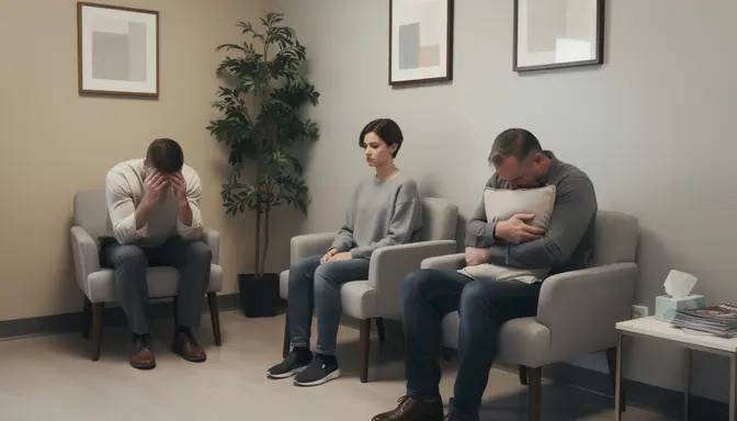 Three stressed people sitting separately in a therapy waiting room, one rubbing temples, another staring at the floor
