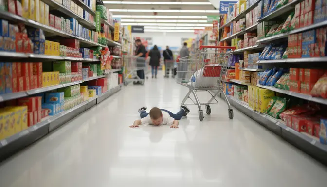 Toddler lying face-down mid-tantrum in a retail store aisle, abandoned shopping cart nearby, other shoppers giving wide berth