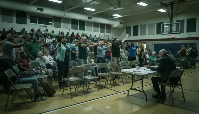Packed town hall meeting in a gymnasium with community members standing with outstretched arms, helpless moderator at front