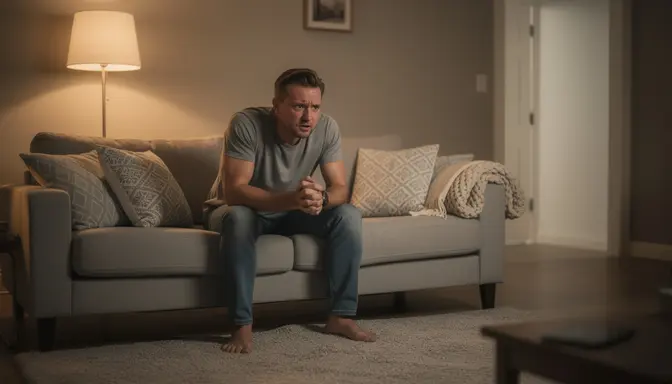 Worried man sitting on the edge of a couch with hands clasped between his knees, empty doorway looming behind him