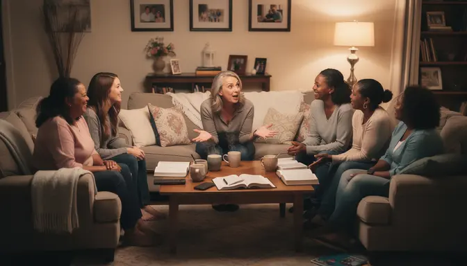 Women's Bible study circle in a living room, one woman leaning forward animatedly while others exchange knowing glances