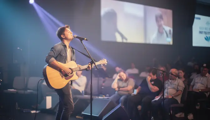 Worship leader on stage with eyes closed playing guitar while fatigued congregation checks watches and stares at ceiling
