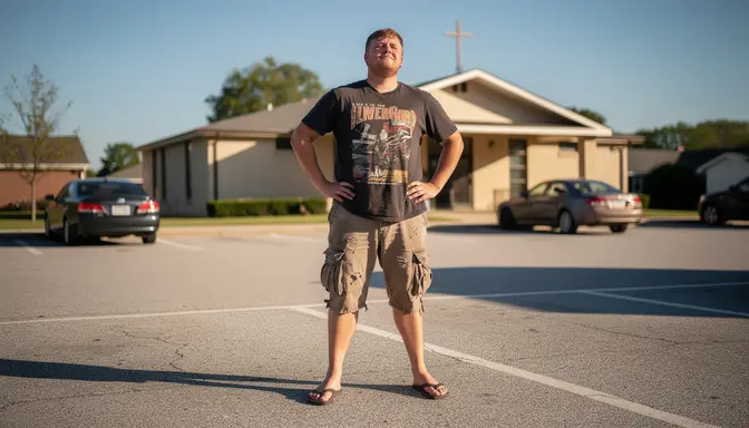 Young man standing defiantly in a church parking lot wearing stuffed cargo shorts and flip-flops, hands on hips